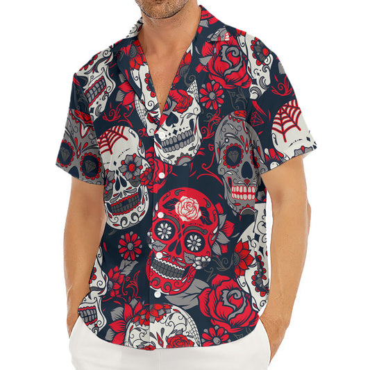 White Red Sugar Skull Pattern Print Men's Deep V-Neck Shirt