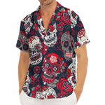 White Red Sugar Skull Pattern Print Men's Deep V-Neck Shirt