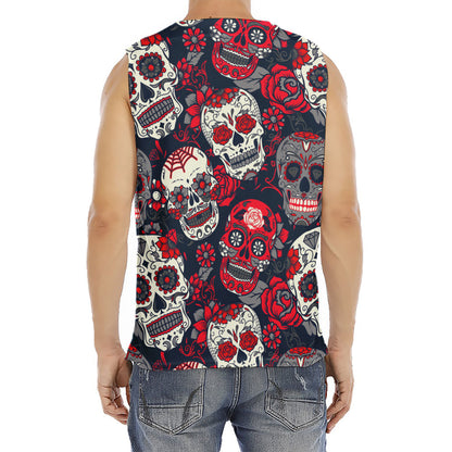 White Red Sugar Skull Pattern Print Men's Fitness Tank Top