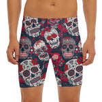 White Red Sugar Skull Pattern Print Men's Long Boxer Briefs