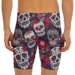 White Red Sugar Skull Pattern Print Men's Long Boxer Briefs
