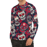 White Red Sugar Skull Pattern Print Men's Long Sleeve Rash Guard