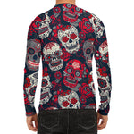 White Red Sugar Skull Pattern Print Men's Long Sleeve Rash Guard