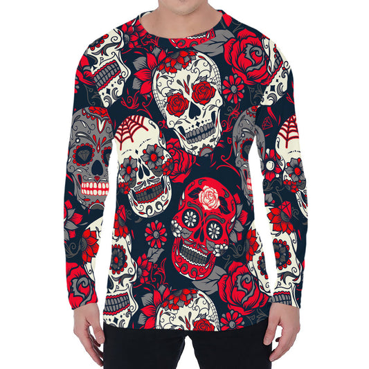White Red Sugar Skull Pattern Print Men's Long Sleeve T-Shirt