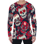 White Red Sugar Skull Pattern Print Men's Long Sleeve T-Shirt
