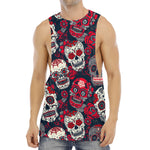 White Red Sugar Skull Pattern Print Men's Muscle Tank Top