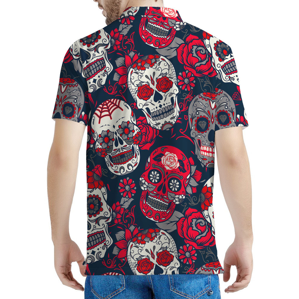 White Red Sugar Skull Pattern Print Men's Polo Shirt