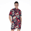 White Red Sugar Skull Pattern Print Men's Romper