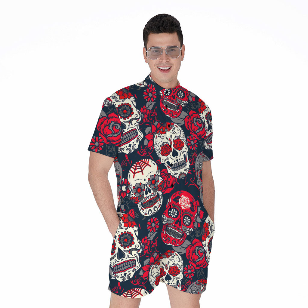 White Red Sugar Skull Pattern Print Men's Rompers