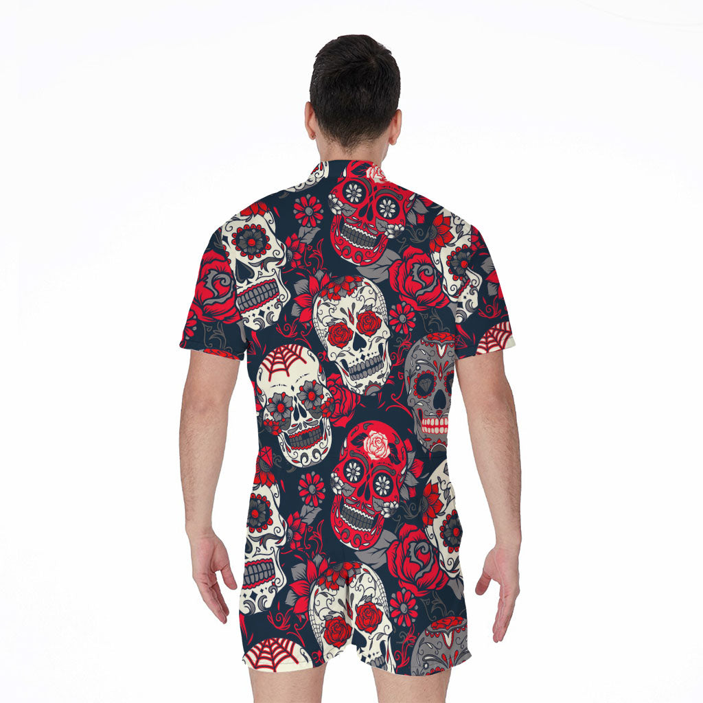 White Red Sugar Skull Pattern Print Men's Rompers