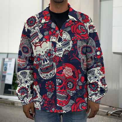 White Red Sugar Skull Pattern Print Men's Shirt Jacket