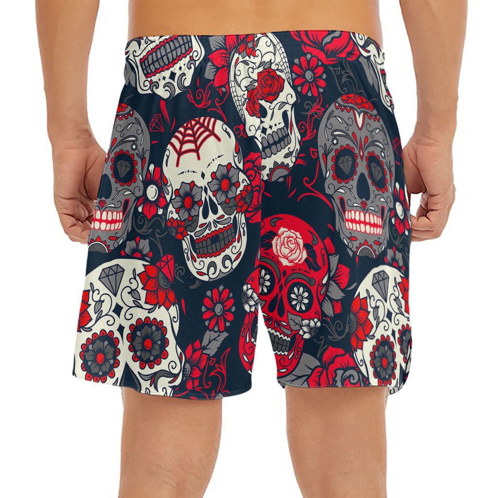 White Red Sugar Skull Pattern Print Men's Split Running Shorts