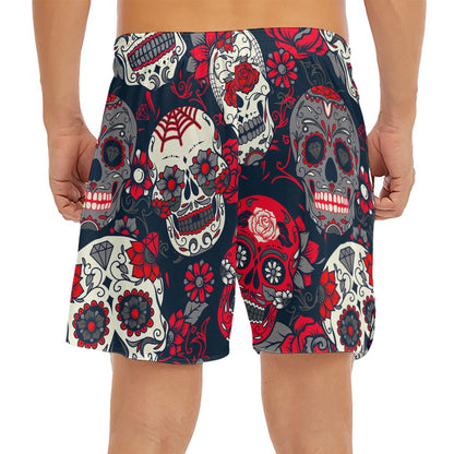 White Red Sugar Skull Pattern Print Men's Split Running Shorts