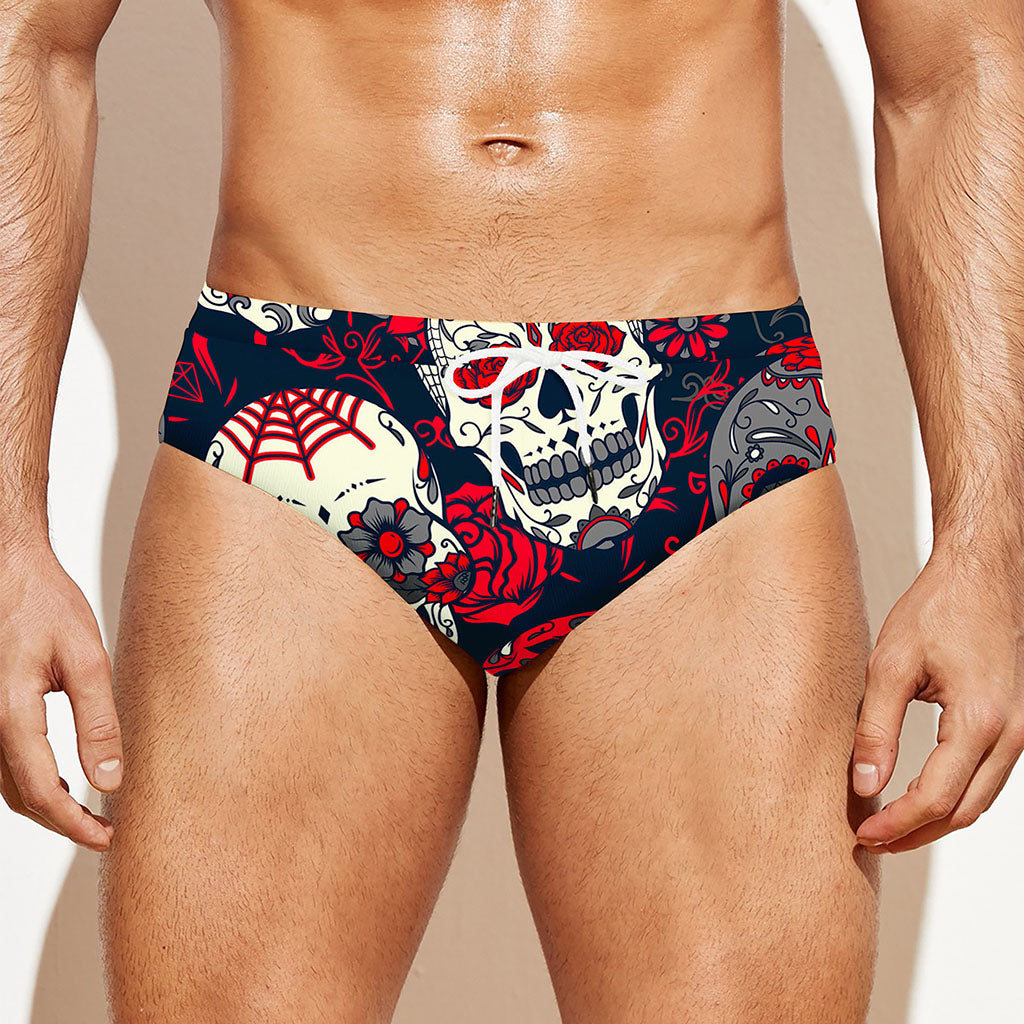 White Red Sugar Skull Pattern Print Men's Swim Briefs
