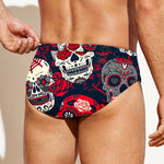 White Red Sugar Skull Pattern Print Men's Swim Briefs