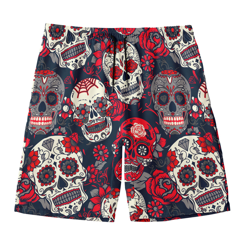 White Red Sugar Skull Pattern Print Men's Swim Trunks