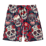 White Red Sugar Skull Pattern Print Men's Swim Trunks