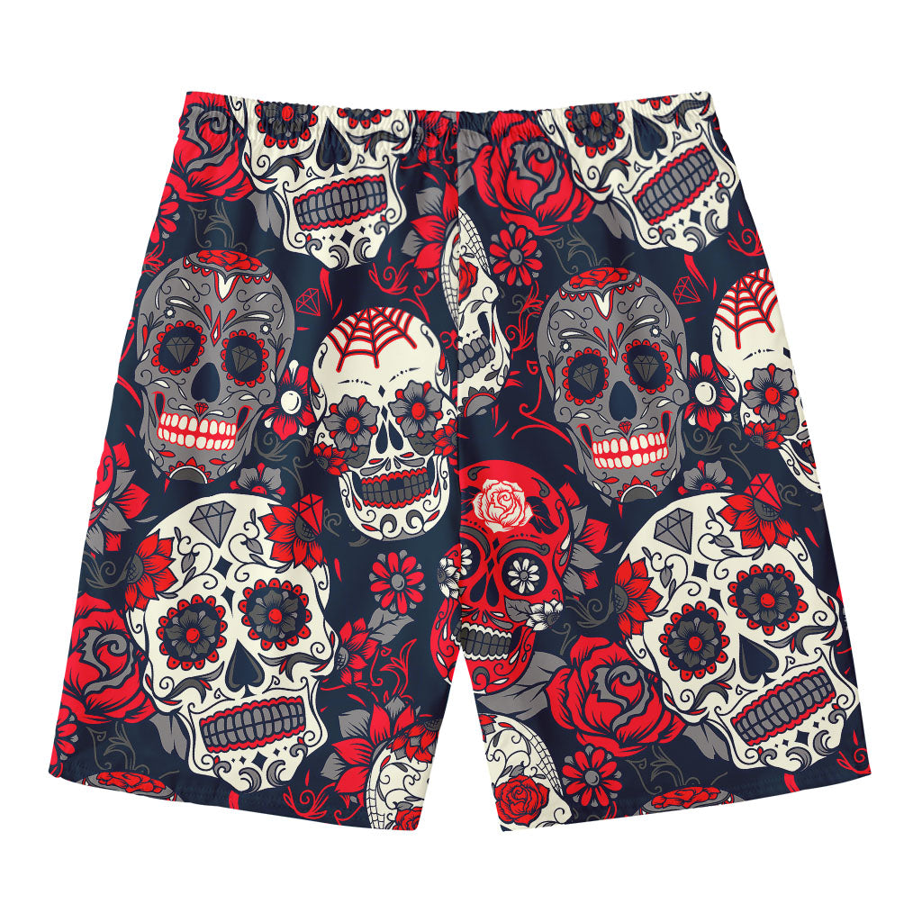 White Red Sugar Skull Pattern Print Men's Swim Trunks
