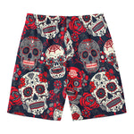 White Red Sugar Skull Pattern Print Men's Swim Trunks