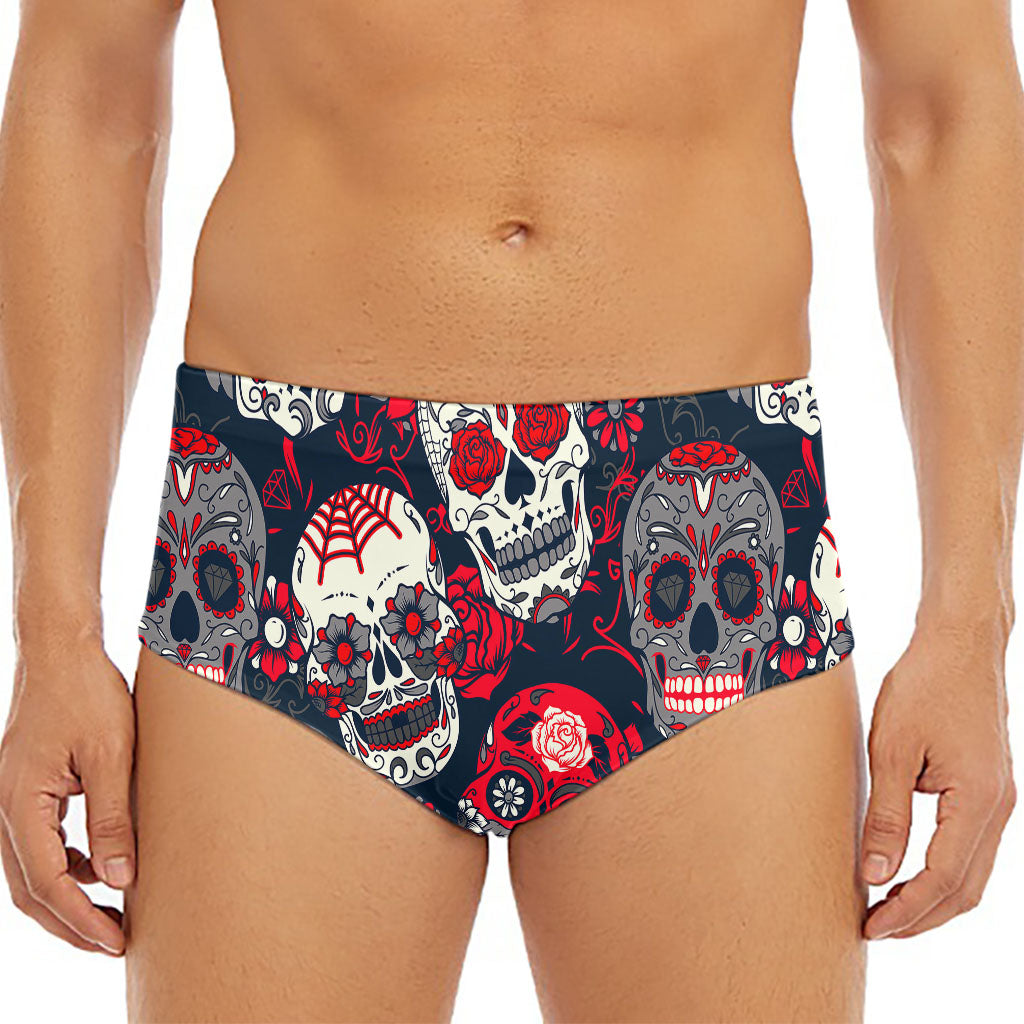 White Red Sugar Skull Pattern Print Men's Triangle Swim Briefs