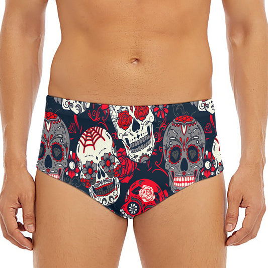 White Red Sugar Skull Pattern Print Men's Triangle Swim Briefs
