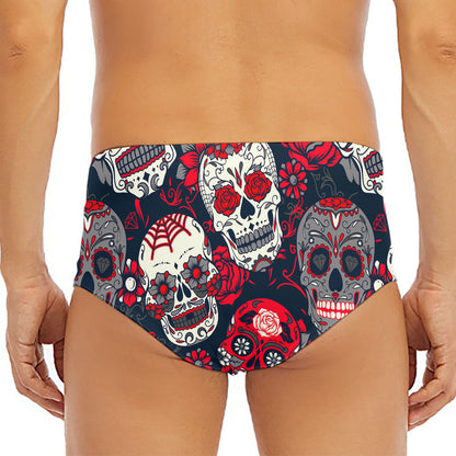 White Red Sugar Skull Pattern Print Men's Triangle Swim Briefs