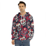 White Red Sugar Skull Pattern Print Men's Velvet Pullover Hoodie