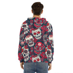 White Red Sugar Skull Pattern Print Men's Velvet Pullover Hoodie