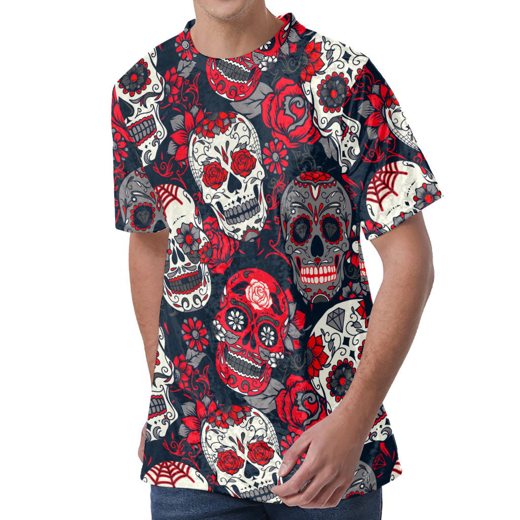 White Red Sugar Skull Pattern Print Men's Velvet T-Shirt