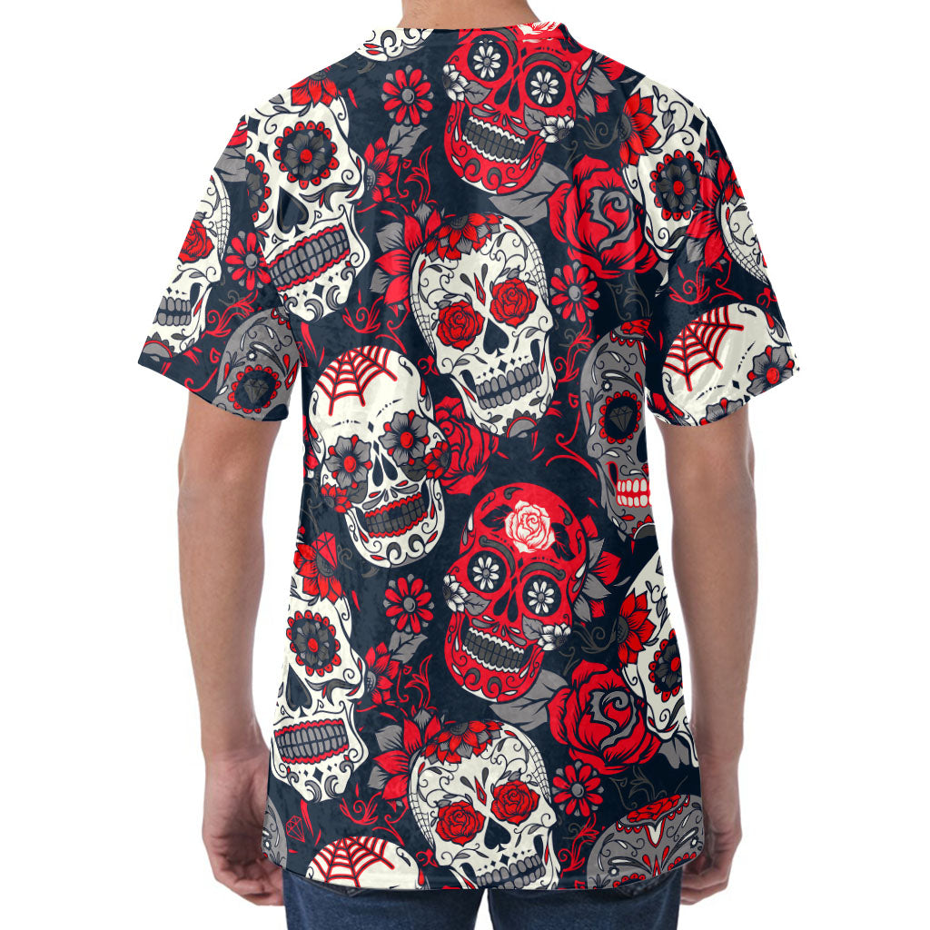 White Red Sugar Skull Pattern Print Men's Velvet T-Shirt