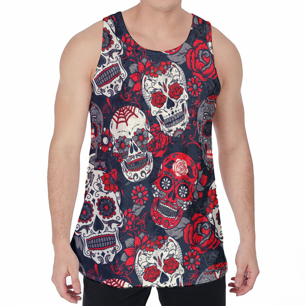 White Red Sugar Skull Pattern Print Men's Velvet Tank Top