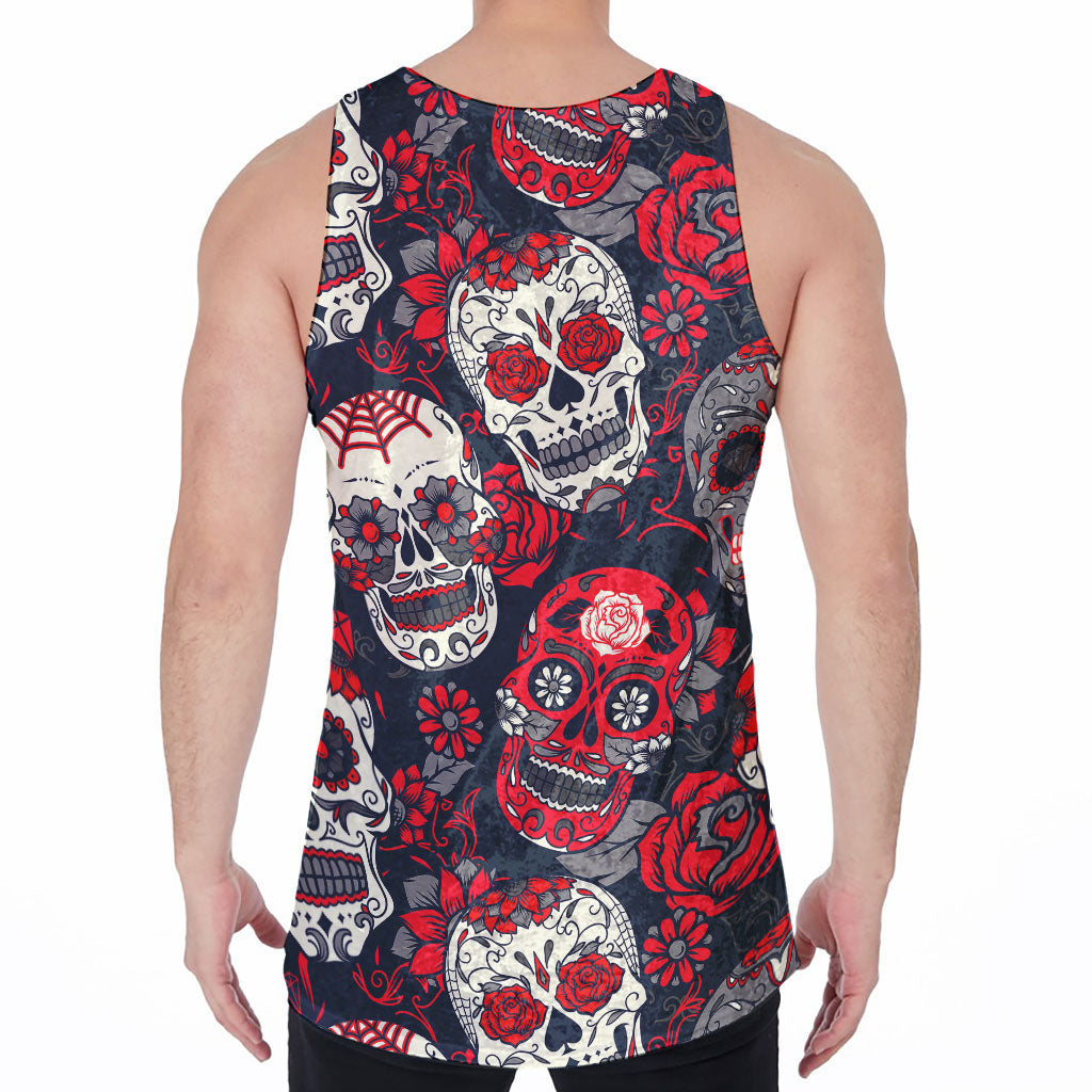 White Red Sugar Skull Pattern Print Men's Velvet Tank Top