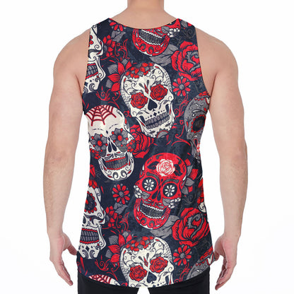 White Red Sugar Skull Pattern Print Men's Velvet Tank Top