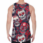 White Red Sugar Skull Pattern Print Men's Velvet Tank Top
