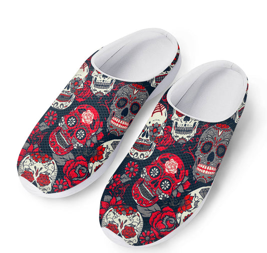 White Red Sugar Skull Pattern Print Mesh Casual Shoes