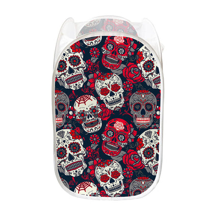 White Red Sugar Skull Pattern Print Mesh Laundry Hamper