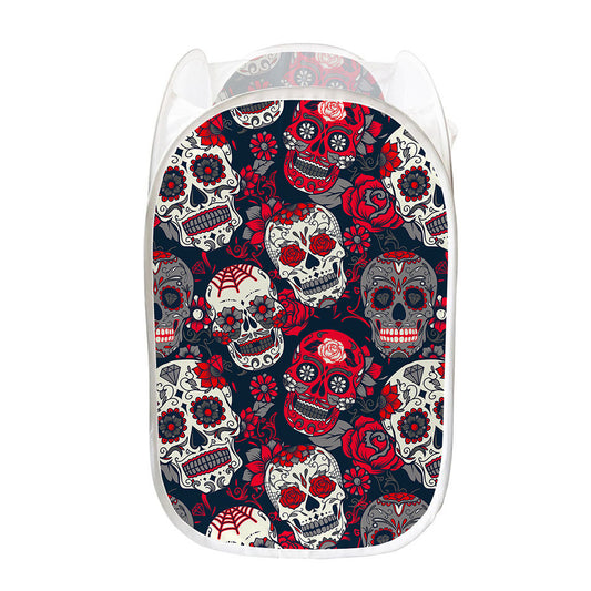 White Red Sugar Skull Pattern Print Mesh Laundry Hamper