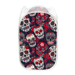 White Red Sugar Skull Pattern Print Mesh Laundry Hamper