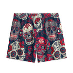 White Red Sugar Skull Pattern Print Mesh Shorts