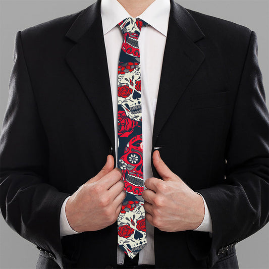 White Red Sugar Skull Pattern Print Necktie