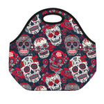 White Red Sugar Skull Pattern Print Neoprene Lunch Bag