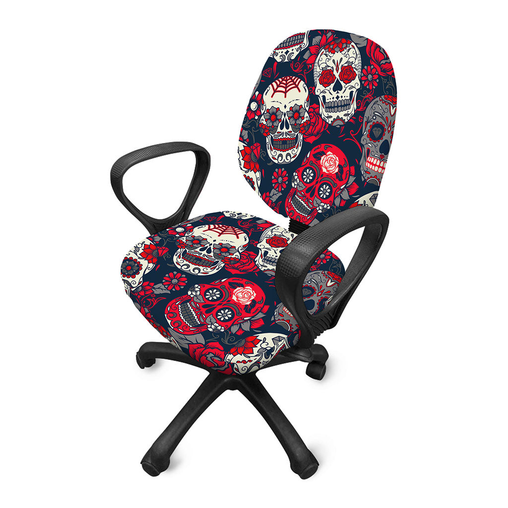 White Red Sugar Skull Pattern Print Office Chair Cover