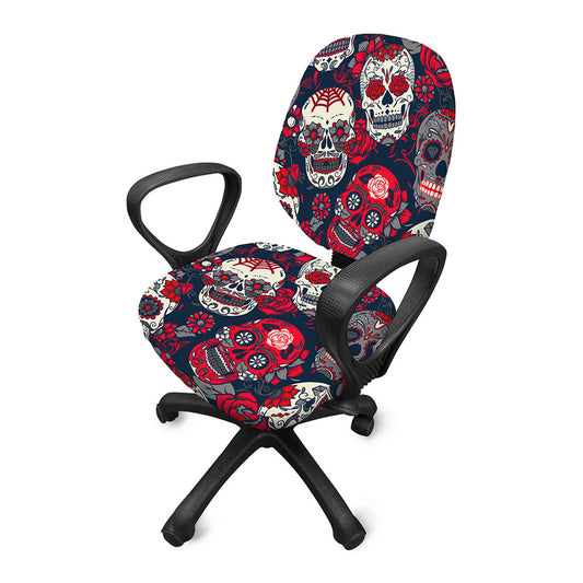 White Red Sugar Skull Pattern Print Office Chair Cover