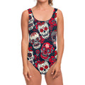 White Red Sugar Skull Pattern Print One Piece Swimsuit