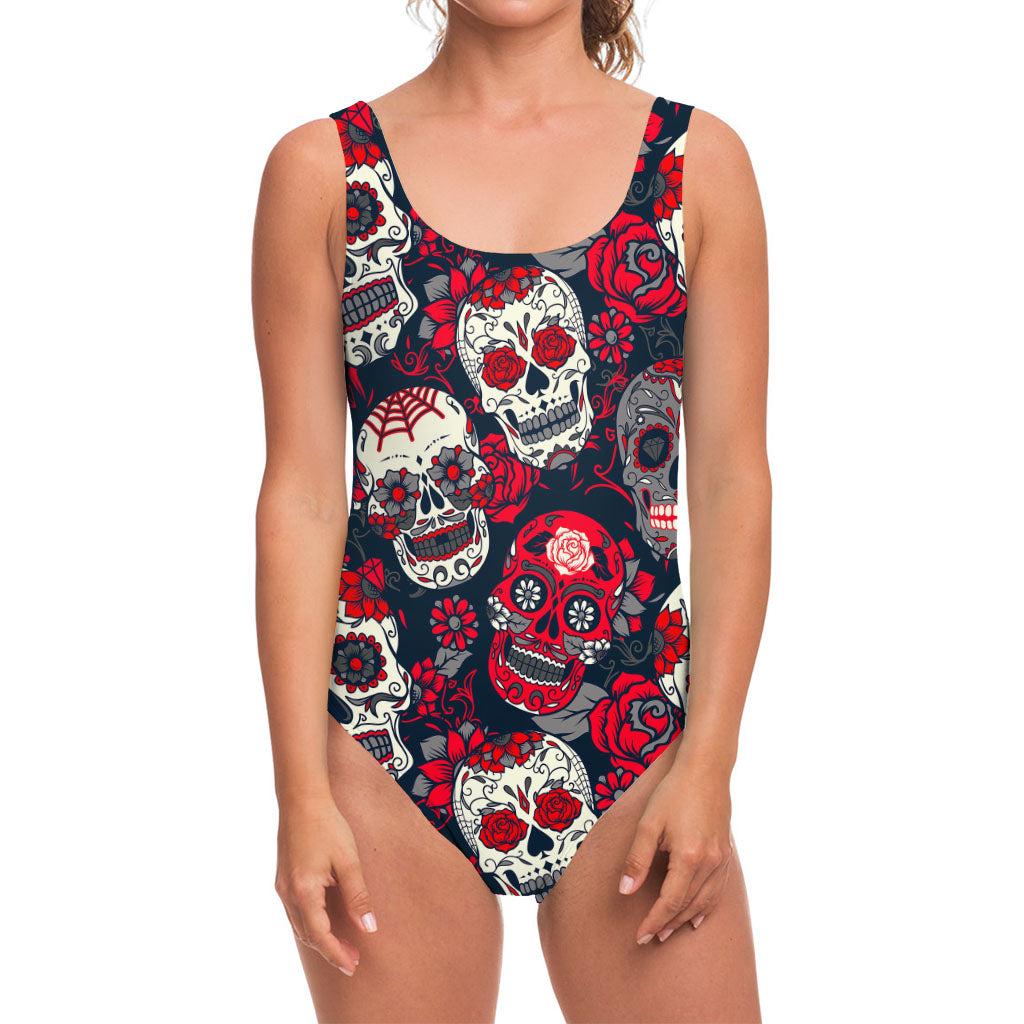 White Red Sugar Skull Pattern Print One Piece Swimsuit