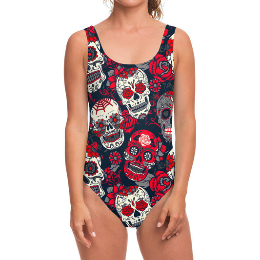 White Red Sugar Skull Pattern Print One Piece Swimsuit
