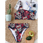 White Red Sugar Skull Pattern Print One Shoulder Bikini Top