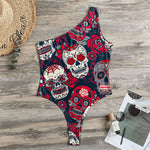 White Red Sugar Skull Pattern Print One Shoulder Bodysuit