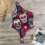White Red Sugar Skull Pattern Print One Shoulder Bodysuit