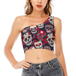 White Red Sugar Skull Pattern Print One Shoulder Crop Top